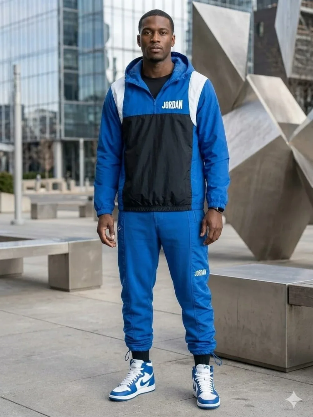 Jordan Blue & Black Tracksuit Set Windbreaker Hoodie Sweatpants Size L